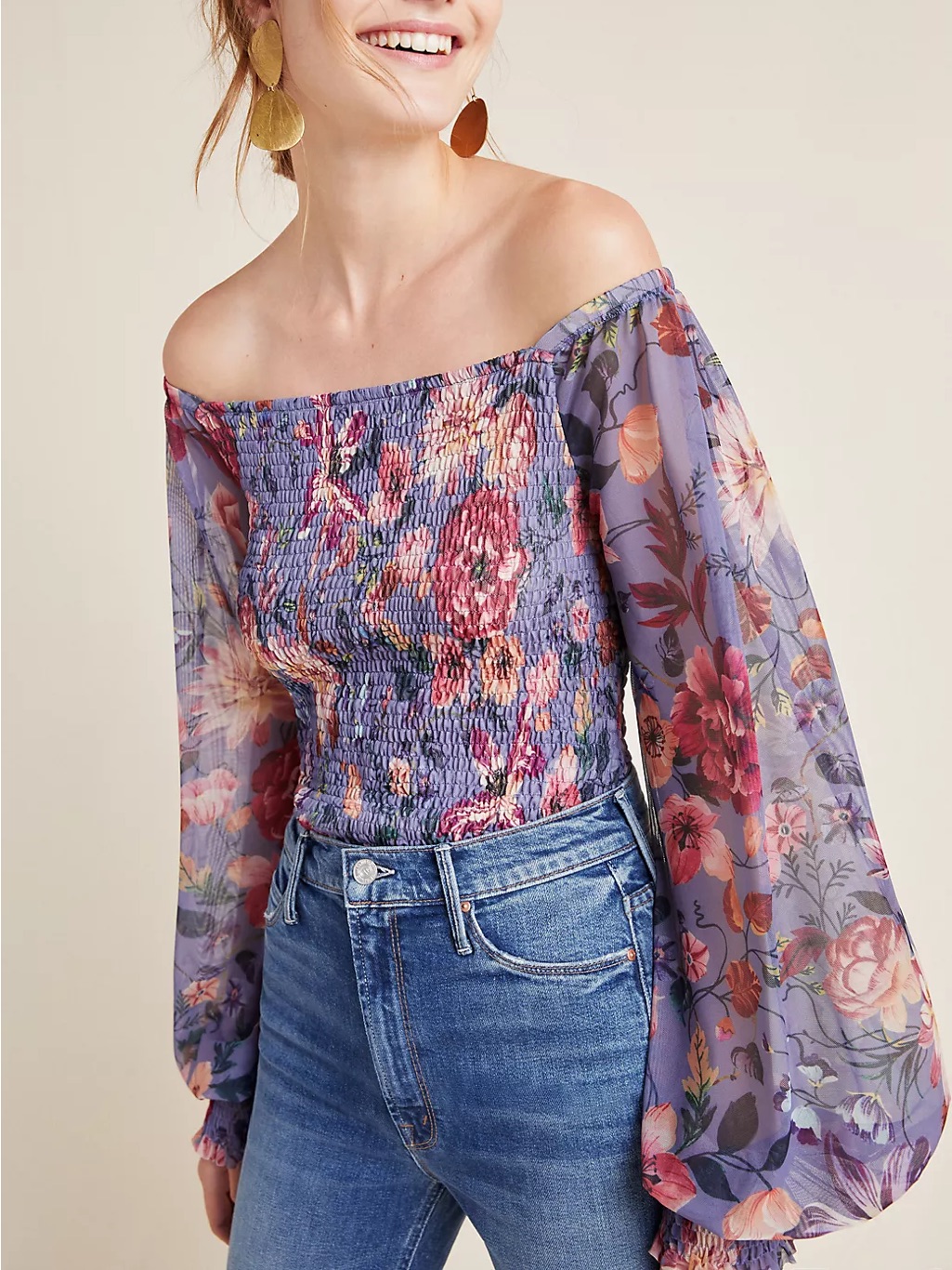 Anthropologie Lavender Floral Off-Shoulder Smocked Blouse Stunning.